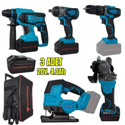 CATPOWER KÖMÜRSÜZ AKÜLÜ SET: DARBELİ VİDALAMA / KIRICI-DELİCİ / AVUÇ TAŞLAMA / SOMUN SIKMA / DEKUPAJ 20V 4.0aH Lİ-İON
