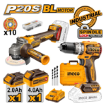 INGCO Lİ-İON KÖMÜRSÜZ AKÜLÜ 2'Lİ KOMBO SET MATKAP VE AVUÇ TAŞLAMA 20V 2.0/4.0 AH