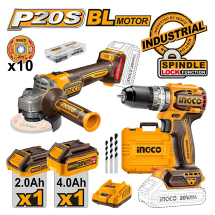INGCO Lİ-İON KÖMÜRSÜZ AKÜLÜ 2'Lİ KOMBO SET MATKAP VE AVUÇ TAŞLAMA 20V 2.0/4.0 AH