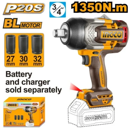 INGCO Lİ-İON KÖMÜRSÜZ AKÜLÜ SOMUN SIKMA 3/4 ''20V 1350 NM + Lİ-İON AKÜ VE ŞARJ CİHAZI SETİ 20V 5.0AH