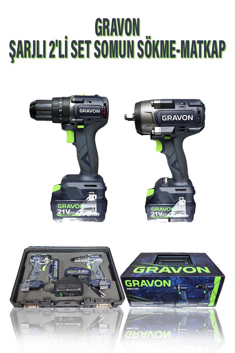 GR8012-GR8114 GRAVON ŞARJLI 2'Lİ SET SOMUN SÖKME-MATKAP - Görsel 1
