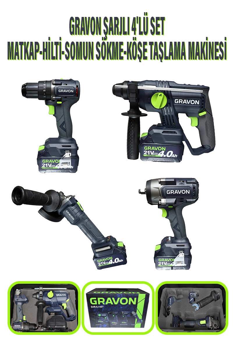 GRV-4 GRAVON ŞARJLI 4'LÜ SET MATKAP-HİLTİ-SOMUN SÖKME-KÖŞE TAŞLAMA MAKİNESİ - Görsel 1