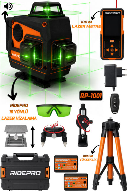 RİDEPRO 3'LÜ SET HOPARLÖRLÜ 16 YÖNLÜ LAZER HİZALAMA VE LAZER METRE