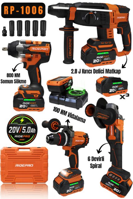 RİDEPRO RP-1006 TURBO MAX PROFESYONEL ŞARJLI 4'LÜ SET 800 NM'Lİ
