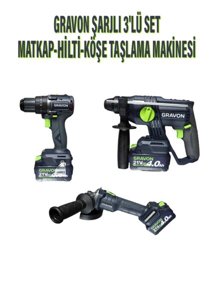 GRAVON ŞARJLI 3'LÜ SET MATKAP-HİLTİ-KÖŞE TAŞLAMA MAKİNESİ