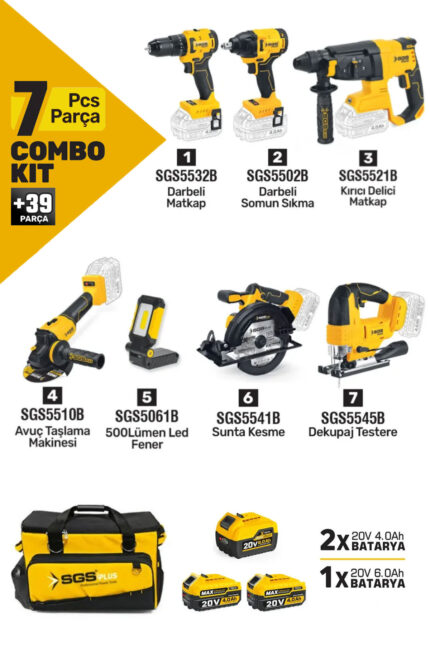 SGS COMBO 7Lİ SET (MATKAP/KIRICI-DELİCİ/SPİRAL/SOMUN SIKMA/DAİRE TESTERE/LED IŞIK)
