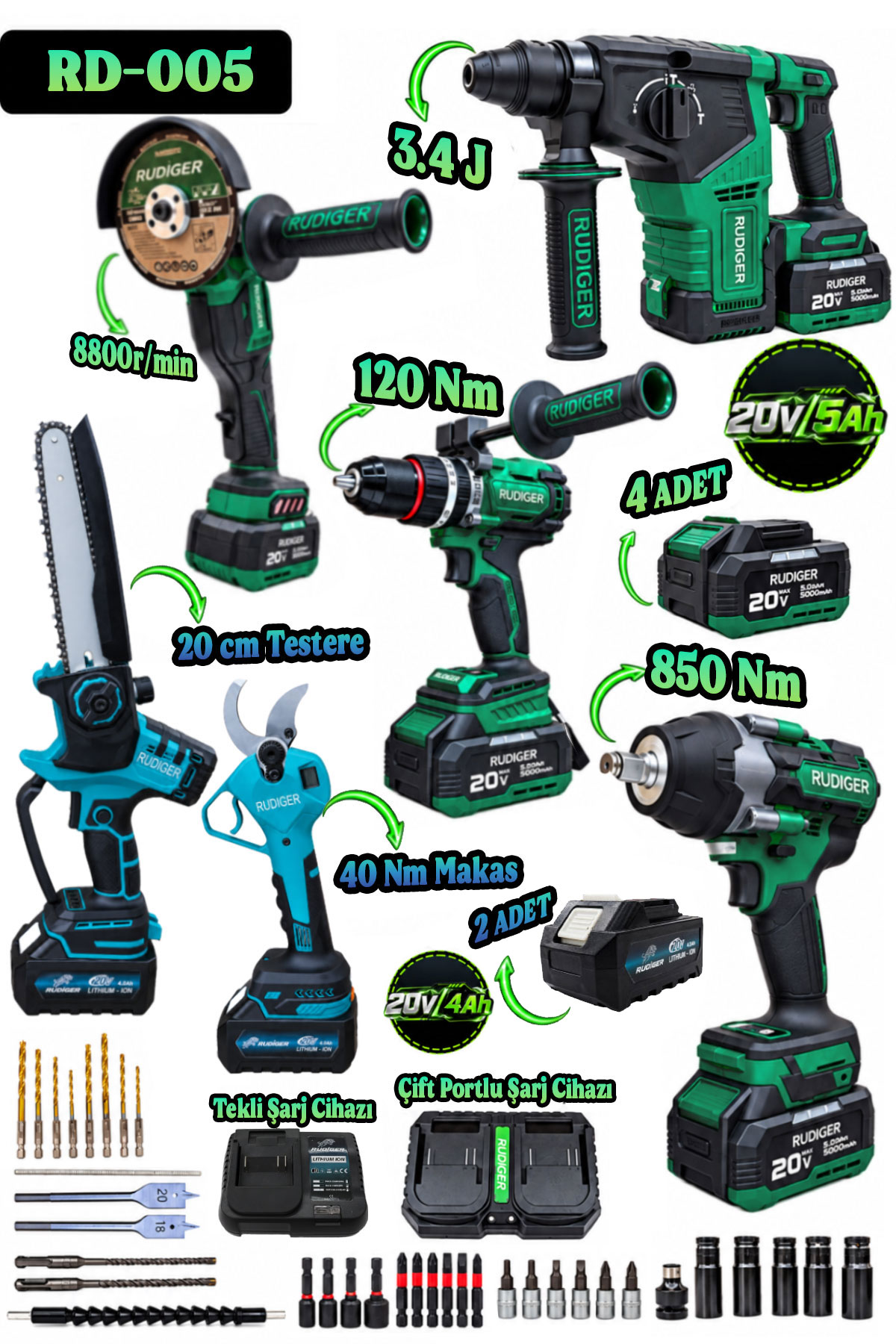 RD-005 RUDİGER RD-005 PRO PLUS 4LÜ SET+ 2Lİ BUDAMA TESTERE-MAKAS SETİ - Görsel 1