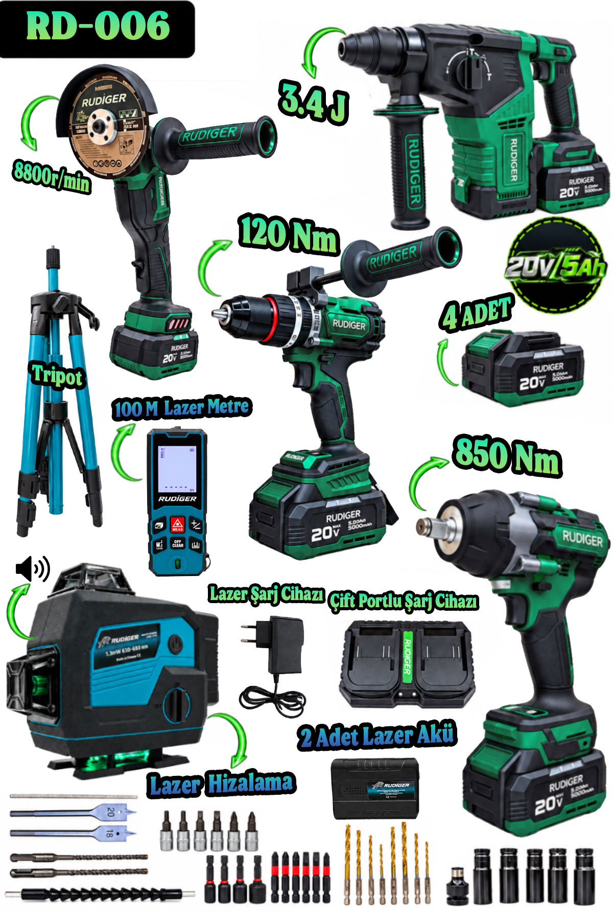 RD-006 RUDİGER RD-006 PRO PLUS 4LÜ SET+ 16 YÖNLÜ LAZER HİZALAMA SETİ - Görsel 1